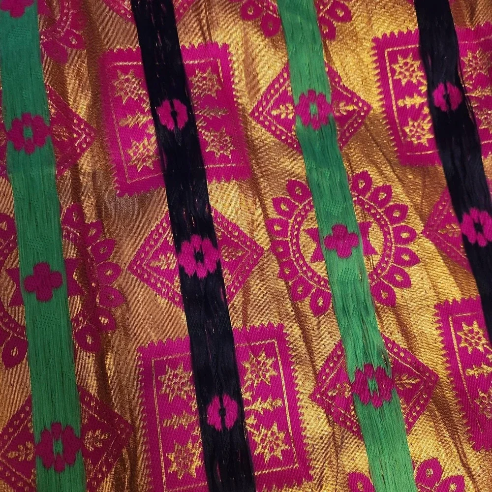 Ornate Tapestry Fabric Panel Gold Pink Green Geometric Medallion Trim